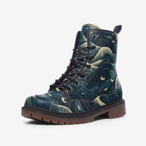 Botas femininas Blue Ocean Waves, couro vegano, botas hippie espirituais Boho Chic Boho, botas de combate, botas casuais, botas personalizadas