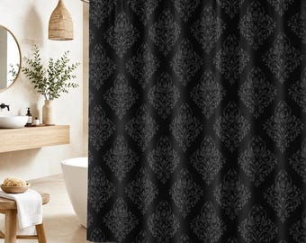 Black Damask Shower Curtain, Gothic Victorian Baroque Print, Dark Moody Bathroom Decor