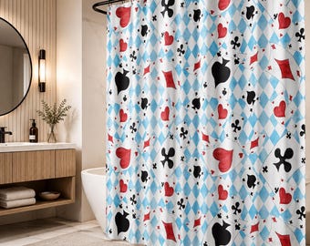 Playing Card Shower Curtain, Blue Harlequin Diamond Bath Curtain, Red Heart Spade Suits