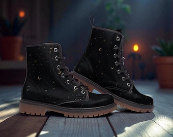 Gold Stars Moon Black Vegan Combat Boots, Celestial Boots, Mystical  Combat Boots, Witchcore Boots, Witchy Clubwear, Fantasy Festival Wear