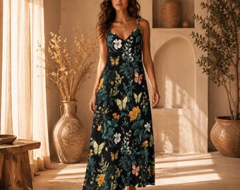 Vestido largo floral de mariposa, vestido veraniego estilo cottagecore con estampado de jardín, vestido lencero bohemio con estampado de flores silvestres.