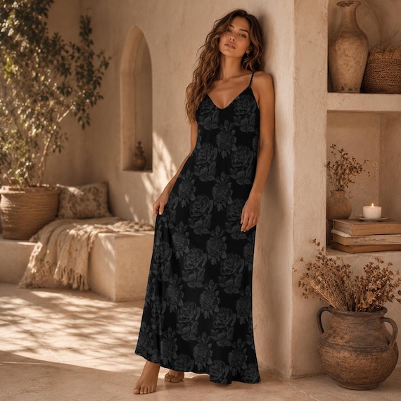 black floral maxi dress sleeveless COTTON MAXI DRESS, Black Floral Maxi Dress, Bohemian Long Cotton Sleeveless Halter Sexy Dress, Maxi Summer Dress for Women Gift
