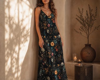 Dark Floral Maxi Dress, Cottagecore Forest Ferns, Whimsigoth Fairy Grunge Style