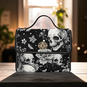 Rose skull pattern satchel, black floral crossbody purse, eerie butterfly print handbag, illustrated bones shoulder bag,vintage creepy purse