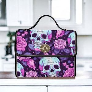 Sac cartable en toile Halloween Boho tête de mort foncé, sac à main à bandoulière sorcière Cottagecore, joli sac goth avec sangle en cuir végétalien, sac à main cadeau boho hippie