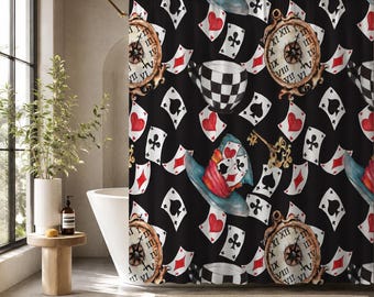 Wonderland Shower Curtain, Playing Cards, Clocks, Mad Tea Party Bathroom Decor