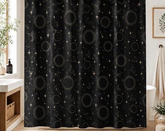 Hand Drawn Celestial Shower Curtain, Black Gold Sun Moon Stars, Modern Bathroom Decor
