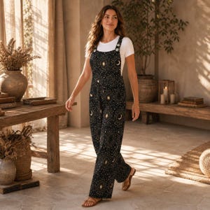 Celestial Moon Sun Wide Leg Jumpsuit, Boho Astrology Print Dungarees, Festival Travel Outfit image 4