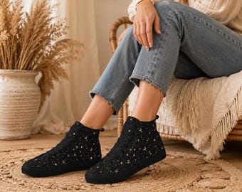 Celestial High Top Sneakers, Black Moon Star Zodiac Print Canvas Shoes