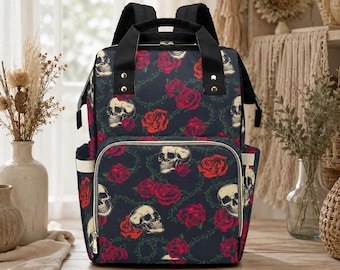 Skull Rose Diaper Bag Backpack with Dark Floral Print for Edgy Moms