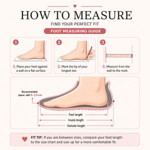 Op de afbeelding: Een instructieve infographic met de titel HOW TO MEASURE, FIND YOUR PERFECT FIT, FOOT MEASURING GUIDE. Het toont drie stappen voor het meten van de voetlengte tegen een muur, plus een diagram met voet-, binnenzool- en buitenzoollengte met een aanbeveling van 0-1,5 cm.