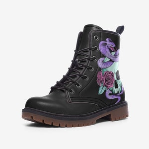 Pastel Goth Skull Snake Vegan Combat Boots, Celestial Boots, Mystical Combat Boots, Witchcore Boots, Witchy Clubwear, Fantasy Festival Wear