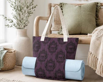 Gothic Skull Tote Bag, Purple Victorian Damask Canvas Shoulder Bag, Large Witchy Everyday Use