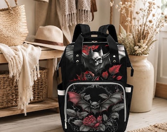Bat Diaper Bag Backpack, Dark Rose Mom Bag, Nursery Travel Organizer