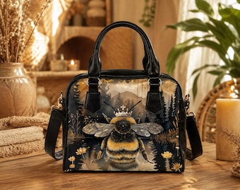 Queen Bee Satchel Purse, Floral Faux Leather Crossbody Bag, Wildflower Meadow Print