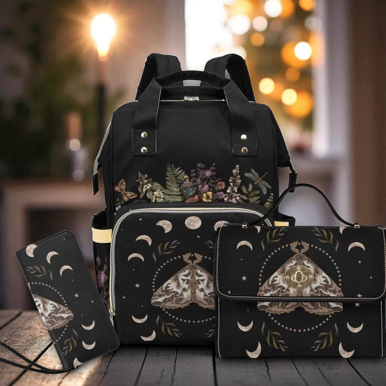 Moth Moon Phase Diaper Backpack, Witchy Mom Essentials, Celestial Baby Bag, Mystic Nursery Tote, Dark Fairycore Mom Gear, Occult Mom Gift image 5
