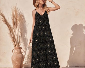 Black Moon and Star Print Maxi Dress with Spaghetti Straps