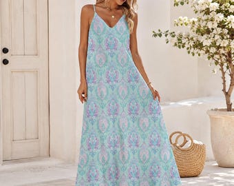 Turquoise Damask Print Maxi Dress, Boho Spaghetti Strap Sundress, Beach Vacation Wear