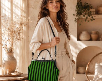 Green Stripe Kisslock Bag, Gothic Witchy Purse, Vintage Alt Fashion Handbag