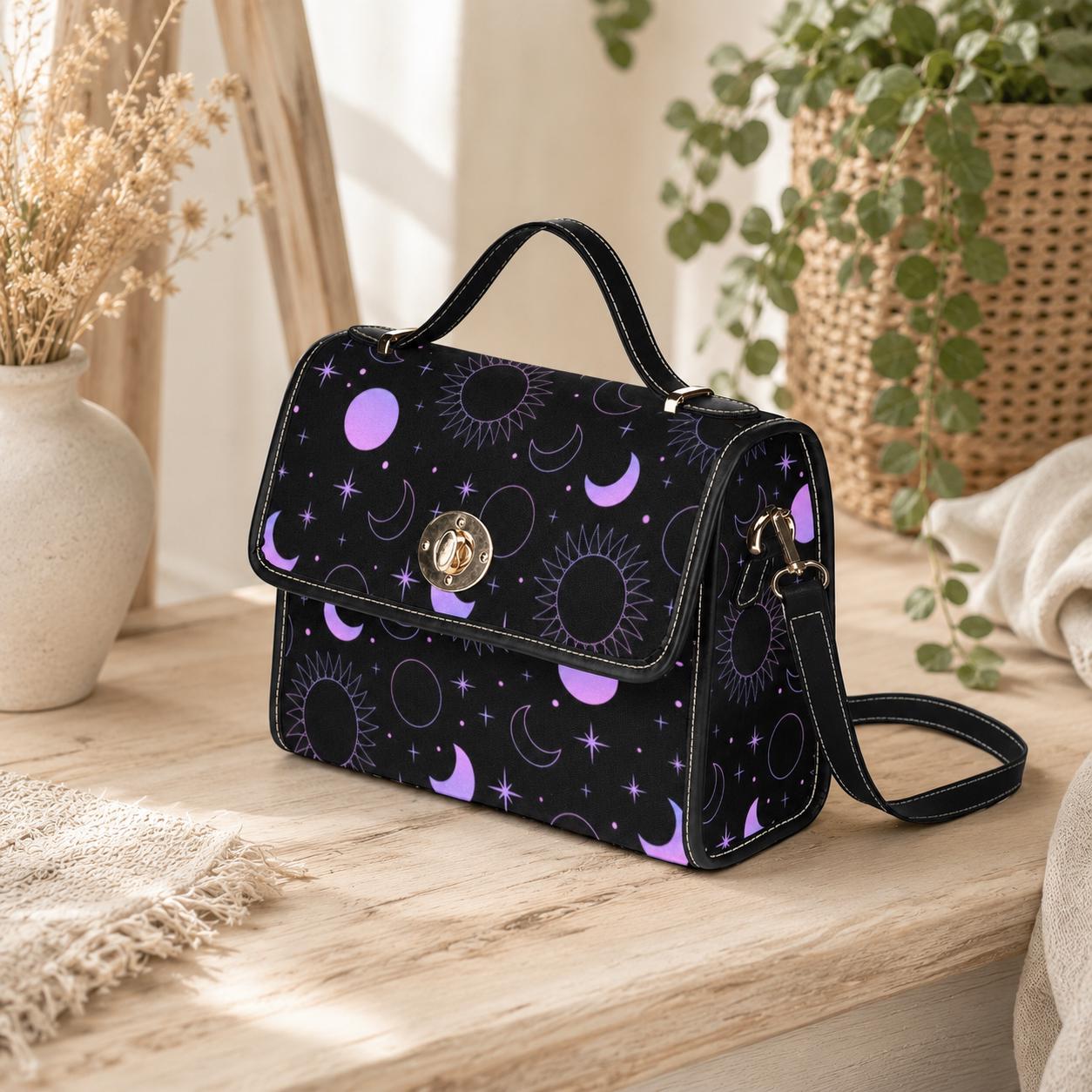 Purple Celestial Moon Star Crossbody Bag, Cosmic Night Shoulder