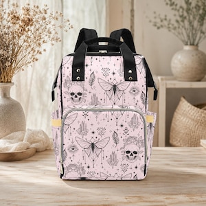 Goth Diaper Bag Backpack, Pink Moth Skull Print Baby Travel Bag, Witchy Mom Gift image 2