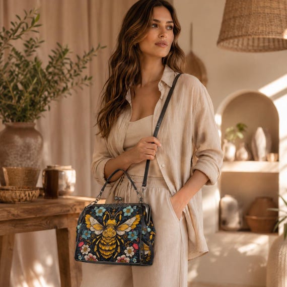 Honeybee Floral Kisslock Bag, Nature Inspired Purse, Vintage