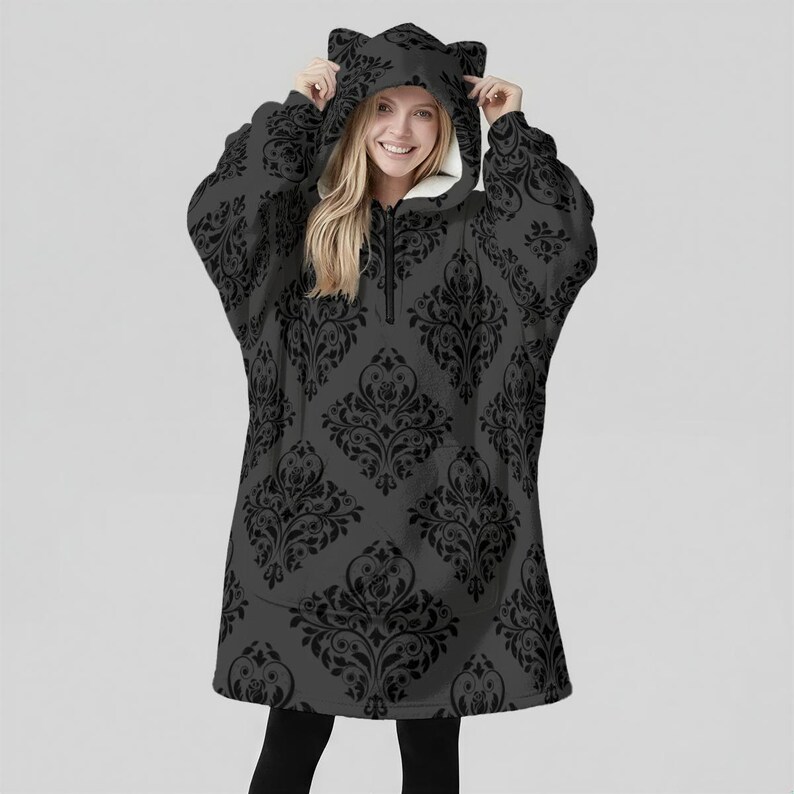 Cat Ear Wearable Blanket Hoodie, Goth Damask Lounger, Cozy Reading Hooded Blanket image 8