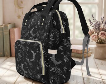 Wicca witch celestial sun moon star diaper backpack, large waterproof mommy bag, postpartum gift, boho astrology baby bag