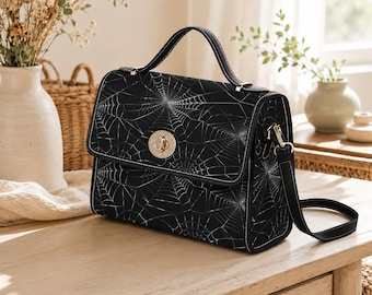 Spiderweb Canvas Satchel Vegan Leather Goth Crossbody Bag