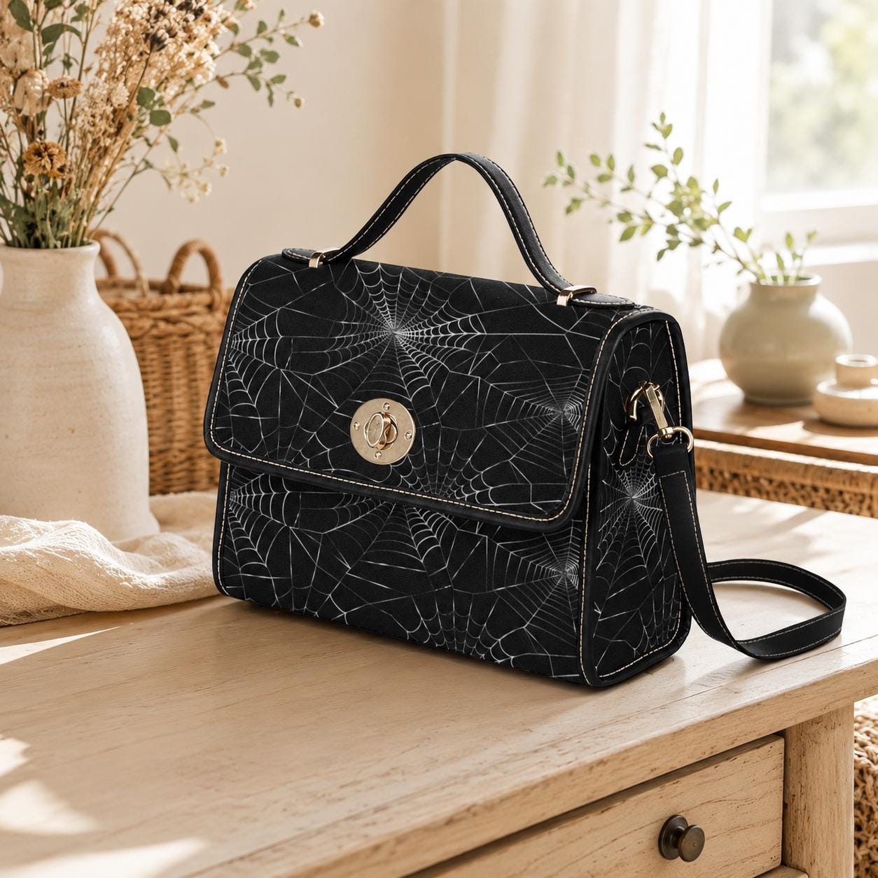 Spiderweb Canvas Satchel Vegan Leather Goth Crossbody Bag