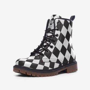 Alice Checkered Black White Leather Unisex Boots, Vegan Leather, Combat Boots, Classic Boot, Lace Up Boots, Girl Boots, Ankle Girl Boots