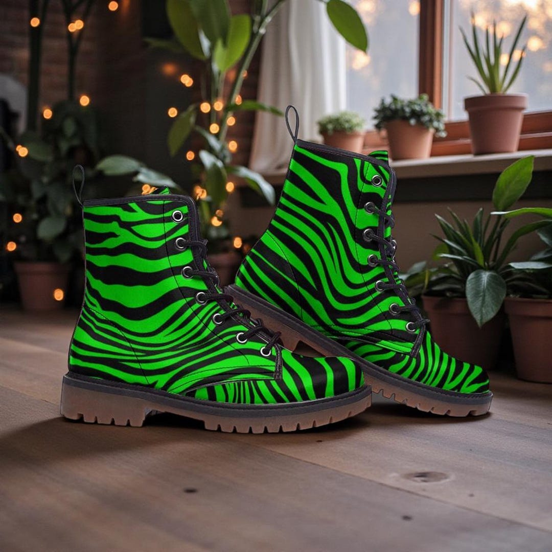 Neon Green Zebra Vegan Leather Boots – Edgy Festival Fashion 