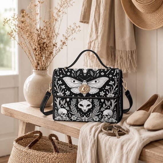 Gothic Moth Skull Crossbody Purse – Witchcore Dark Forest Canvas