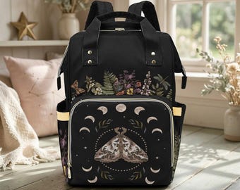 Moth Moon Phase Diaper Backpack, Witchy Mom Essentials, Celestial Baby Bag, Mystic Nursery Tote, Dark Fairycore Mom Gear, Occult Mom Gift