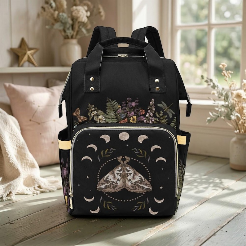 Moth Moon Phase Diaper Backpack, Witchy Mom Essentials, Celestial Baby Bag, Mystic Nursery Tote, Dark Fairycore Mom Gear, Occult Mom Gift image 1