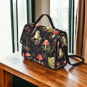 Goblincore Frosch Umhängetasche, Waldhexe Canvas Geldbörse, Pilz Garten Crossbody Ranzen, altrosa ästhetische Natur Geschenkidee