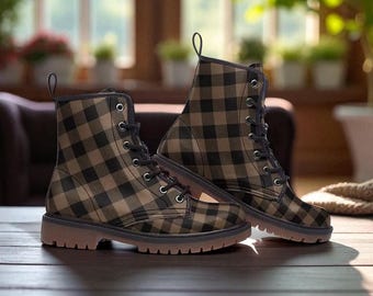Brown Plaid Combat Boots, Dark Academia Gothic Lace-Up Shoes, Vintage Grunge Punk Shoes