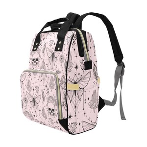 Goth Diaper Bag Backpack, Pink Moth Skull Print Baby Travel Bag, Witchy Mom Gift image 6