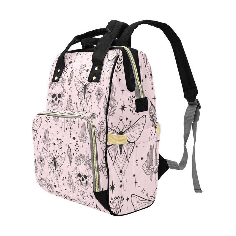 Goth Diaper Bag Backpack, Pink Moth Skull Print Baby Travel Bag, Witchy Mom Gift image 6
