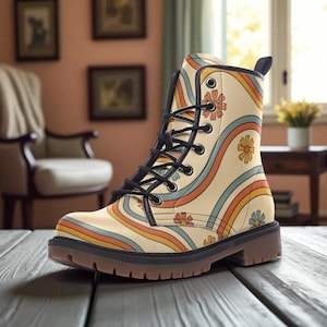 Retro Rainbow Combat Boots, 70s Floral Lace Up Boots, Vintage Hippie Aesthetic Shoes, Funky Festival Footwear, Colorful Boho Grunge Boots