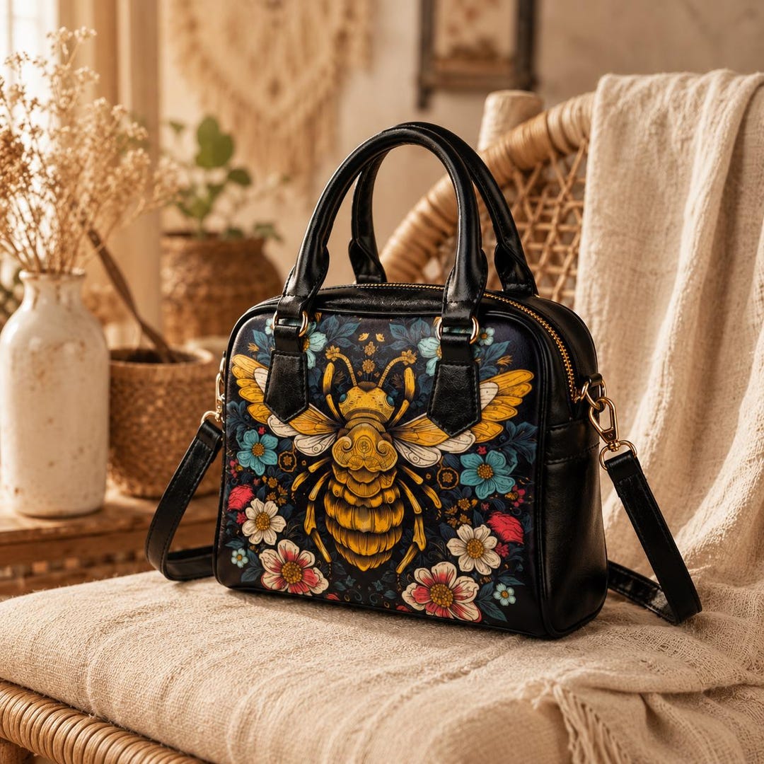 Bee Handbag Floral Satchel Purse, Botanical Crossbody Bag for Nature ...