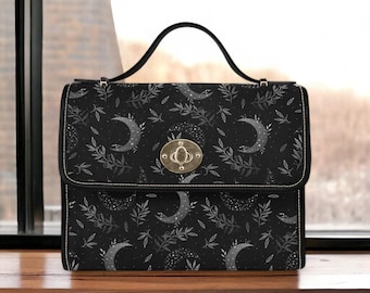 Moon Witch Canvas Bag, Witchy Celestial Purse, Cute Cottagecore Witch Canvas Satchel Bag, Black eco goth satchel, Cottage Core Purse