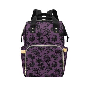 Mochila cambiador con estampado damasco morado, bolso de viaje estilo bruja gótica para mamás. imagen 13
