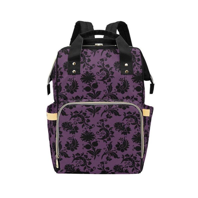 Mochila cambiador con estampado damasco morado, bolso de viaje estilo bruja gótica para mamás. imagen 13