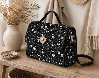Bolsa estilo gótica, bolsa de mão com morcego e lua de bruxa, bolsa de mão oculta com alça superior