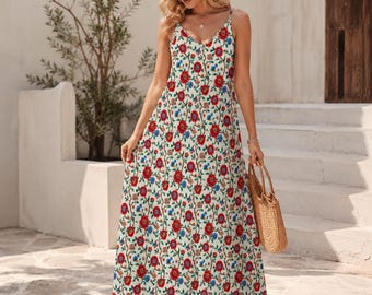 Cream and Red Poppy Floral Print Maxi Dress with Spaghetti Straps