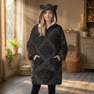 Cat Ear Wearable Blanket Hoodie, Goth Damask Lounger, Cozy Reading Hooded Blanket image 3