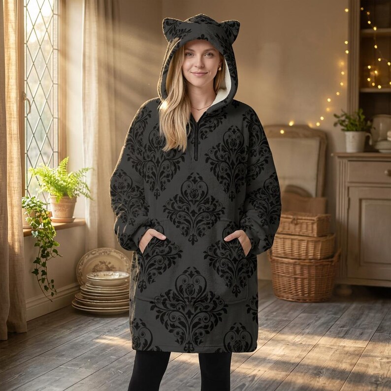 Cat Ear Wearable Blanket Hoodie, Goth Damask Lounger, Cozy Reading Hooded Blanket image 3