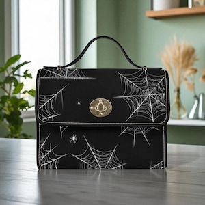 Spiderweb design purse, black spooky crossbody, Halloween goth handbag, witchcore spider satchel, creepy cute web print bag, dark alt bag