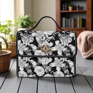 Gothic rose print crossbody purse, dark floral structured handbag for witchcore fashion, black goth shoulder bag, aesthetic alt satchel